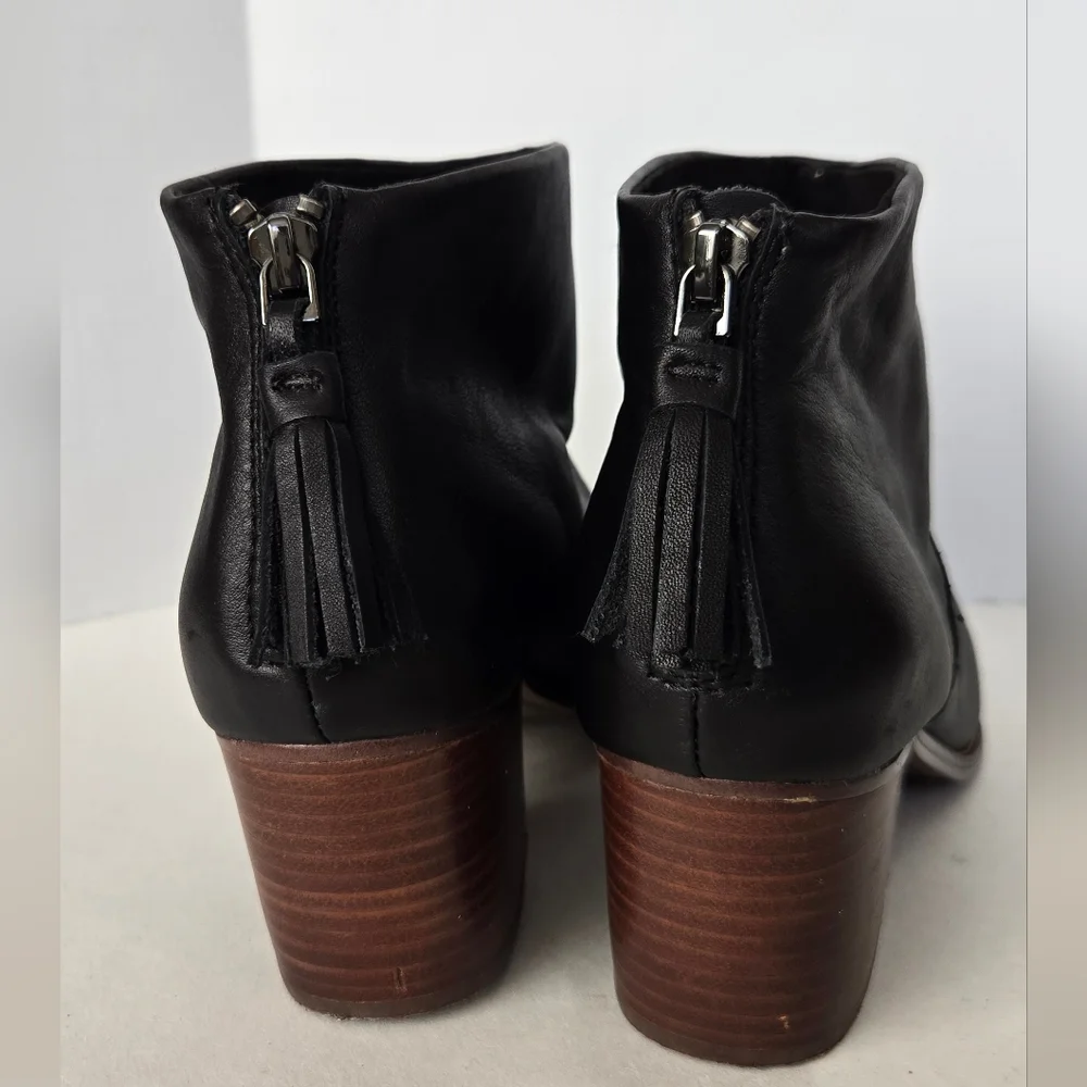 Toms Black Leather Ankle Boots with Brown Heel And Tassels